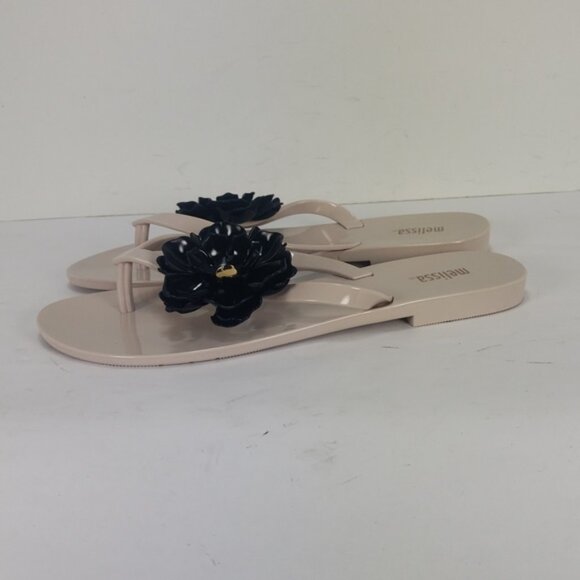NEW MELISSA HARMONIC BLACK FLOWER BEIGE JELLY FLIP FLOP THONG SANDALS WOMEN'S 7 - Picture 4 of 15